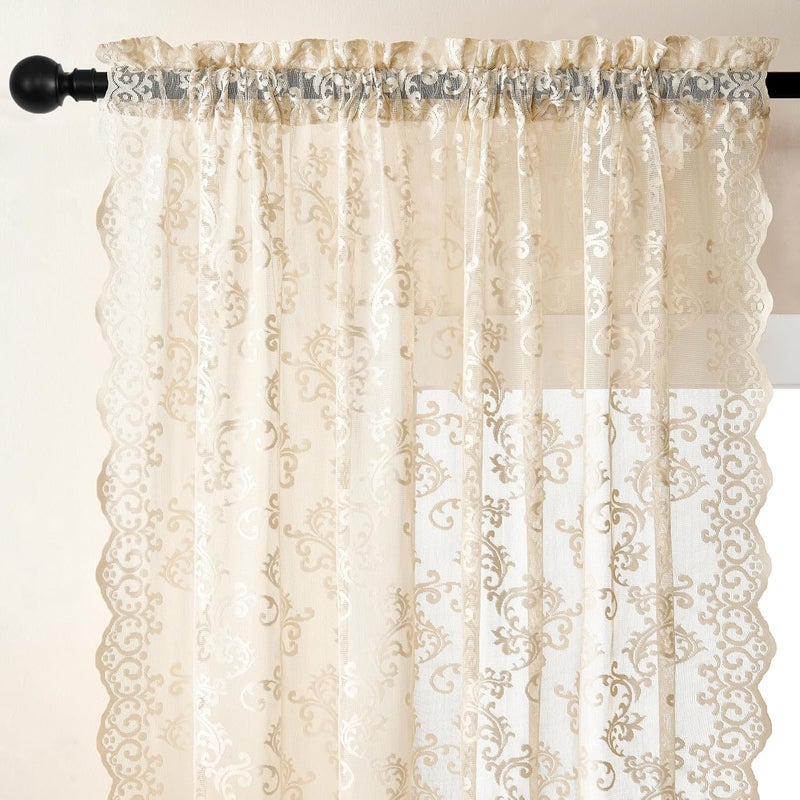 FOLKSIDE Beige Lace Vintage Paisley Floral Curtains - 54 Inch Length, 2 Panels, Rod Pocket, Light Filtering, Sheer, Neutral Drapes for Living Room & Bedroom, 52x54 - Image 3